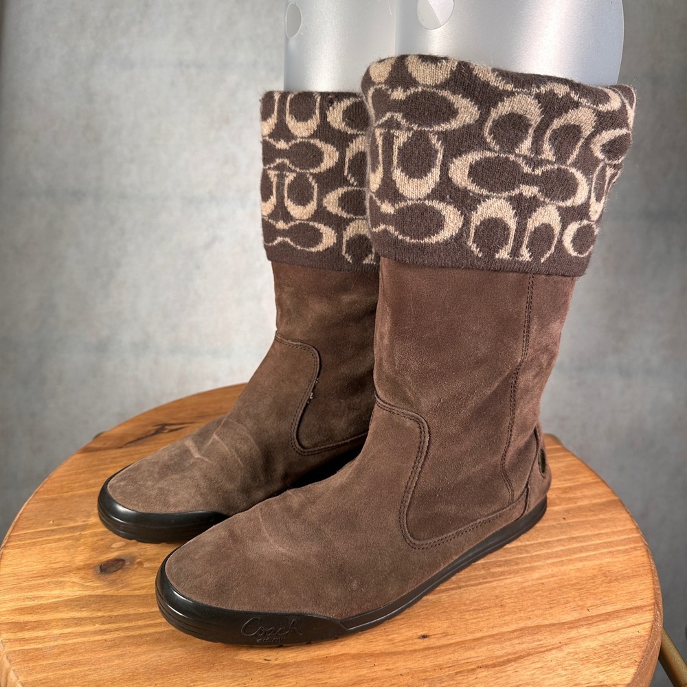 Coach Tatum Boots Women 9.5 Brown Suede Knit Monogram Good Q247 FZ460F07
